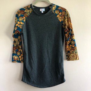 LuLaRoe XXS Gray Tee – Gold Floral Sleeves, Stretchy & Soft